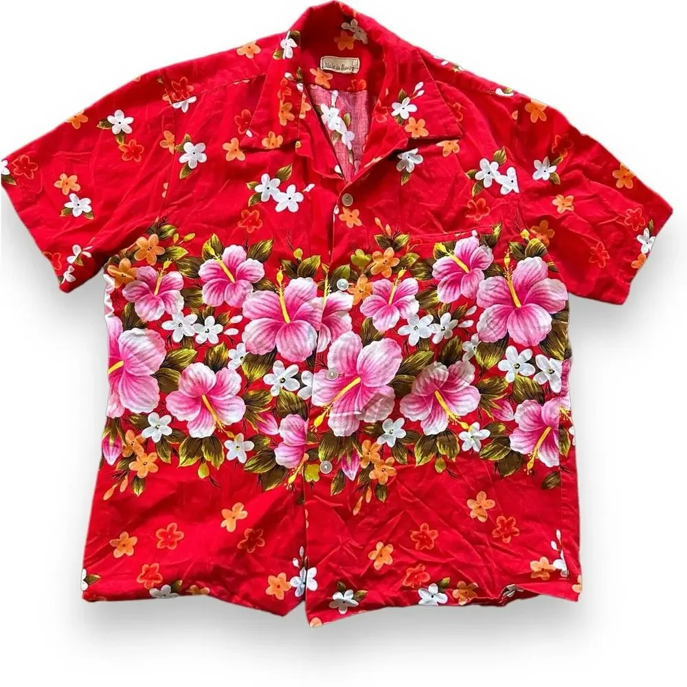 1960s Ui Maikai Hawaii Shirt Buttton Down Red Floral Aloha Hawaiian M